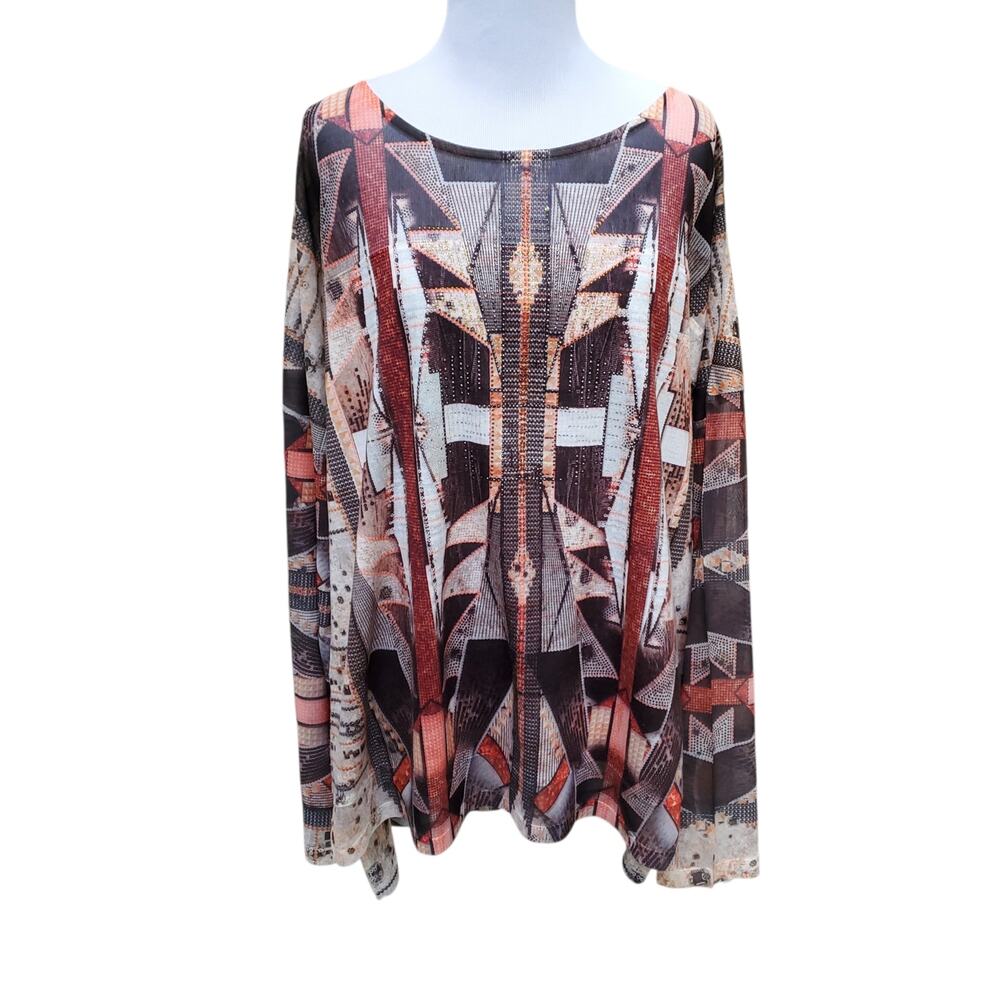 Chico's Sz 3 Artsy Boho Top Studded Sheer Detail Open Back Chicos XL 16